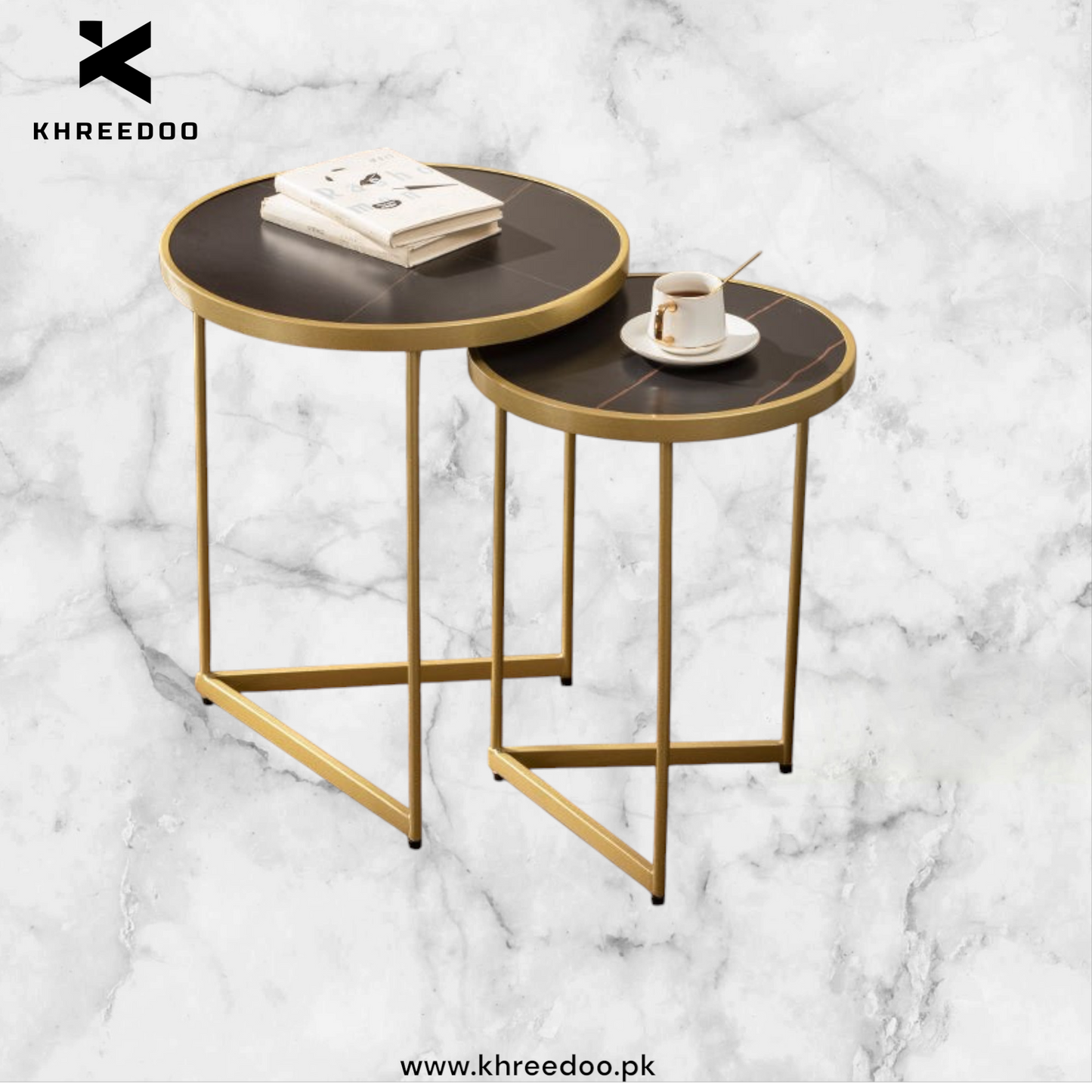 Gold Nesting Side Tables Set of 2 with Marble Desktop