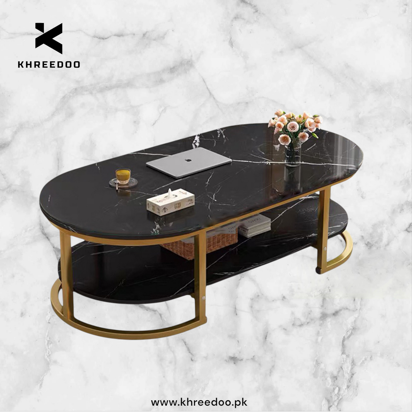Modern Oval Shape Wooden Marble Texture Sheet Center Table – Elegant Design for Contemporary Living