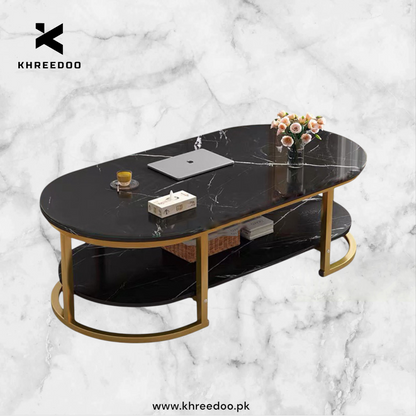 Modern Oval Shape Wooden Marble Texture Sheet Center Table – Elegant Design for Contemporary Living