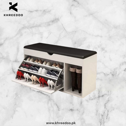 Flip-Drawer Shoe Storage Bench - Wooden Pull-Down Rack