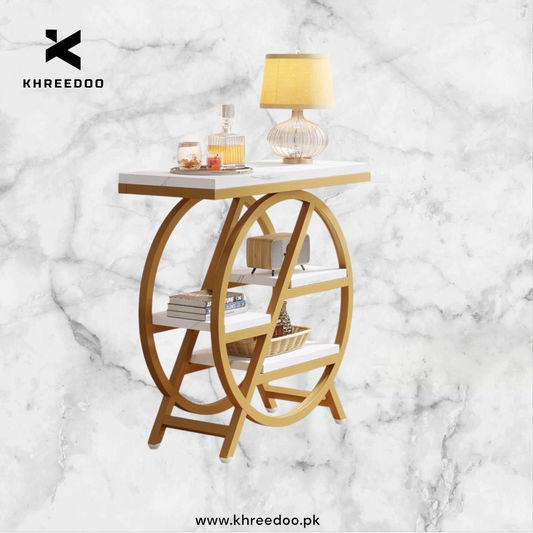 3-Tier Narrow Side Table – Marble Texture Wood with Metal Frame