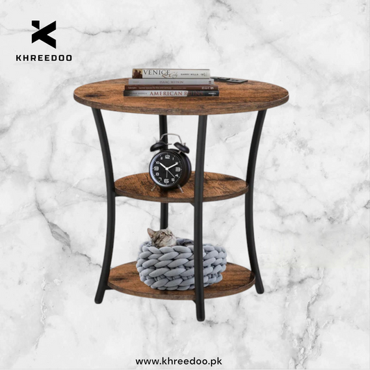 Round Side Table – 3-Tier Storage Shelf for Bedroom