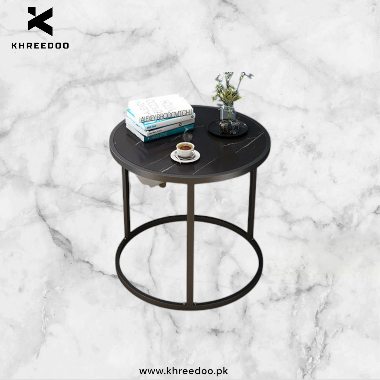 16in Marble Modern Round Living Room Table with Metal Frame