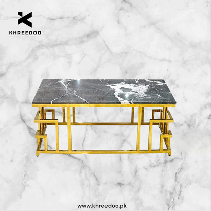 Modern Luxury Center Table – Wooden Marble Texture with Gold Powder Coated Paint