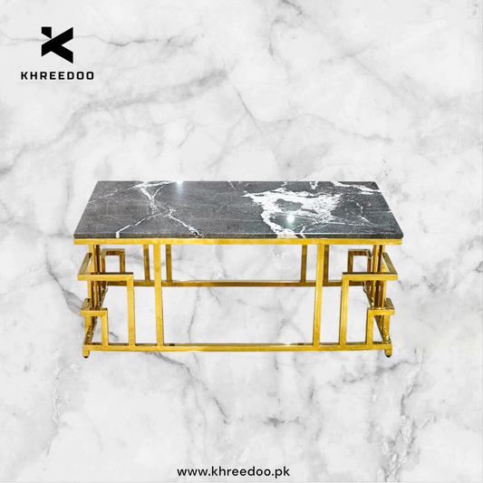 Modern Luxury Center Table – Wooden Marble Texture with Gold Powder Coated Paint