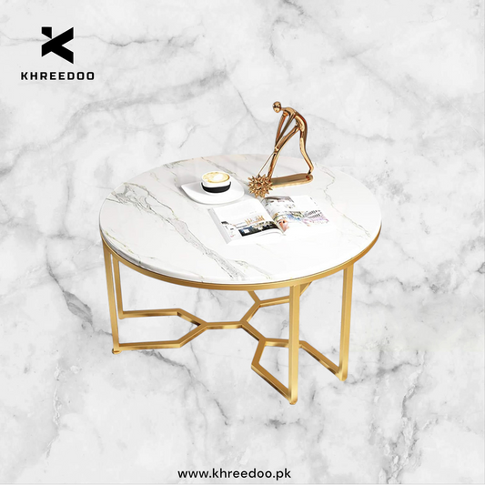 2-Piece  Living Room center Table with White wooden Marble texture sheet Top and Metal Base
