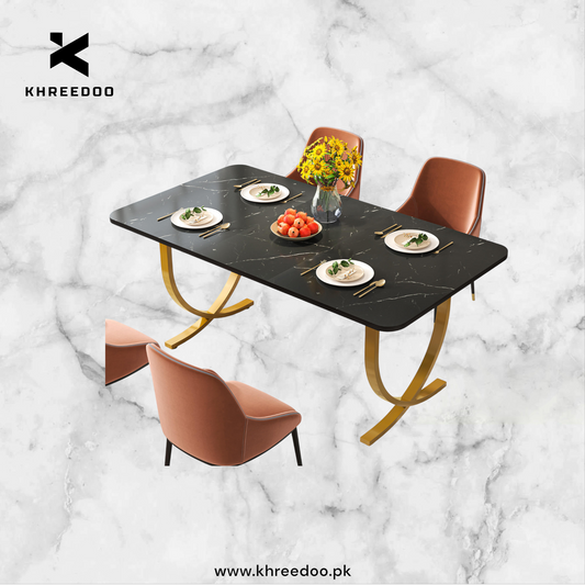 Contemporary Modern Wooden Luxury Dining Table – Rectangular 4 to 6 Seater, Black Faux Marble Top with Gold Base (Dining table only)
