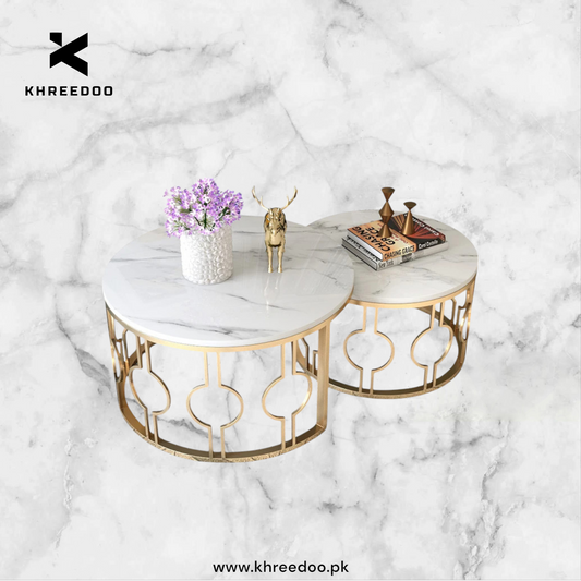 2 Pieces Round Shape Center Table With decent design Wooden Marble Texture Top