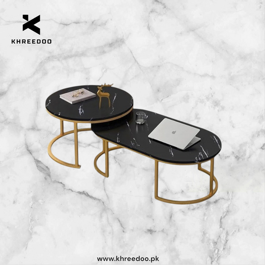 Modern Oval Shape wooden Marble Texture Sheet Center Table