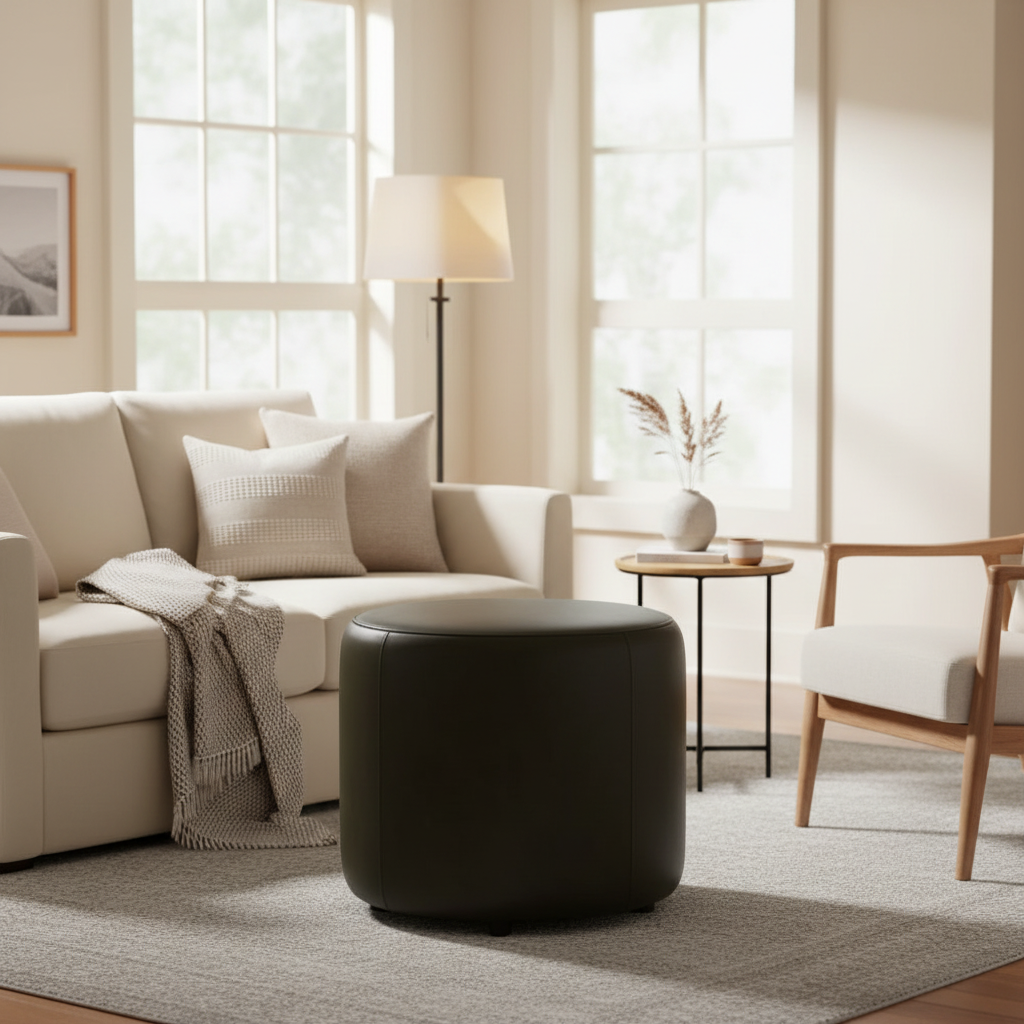 Premium Dark Olive Green Round Leather Ottoman | Luxury Cylindrical Footrest Pouf Stool for Living Room,