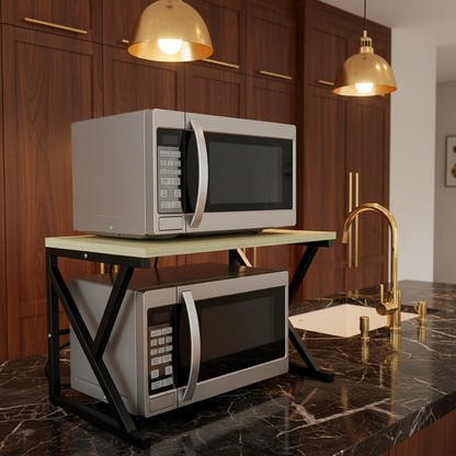 Metal Microwave Shelf  a heavy-duty black powder-coated Metal microwave rack modern aesthetic with unmatched stability and style.