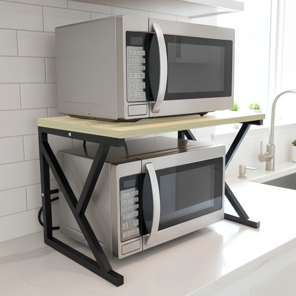 Metal Microwave Shelf  a heavy-duty black powder-coated Metal microwave rack modern aesthetic with unmatched stability and style.