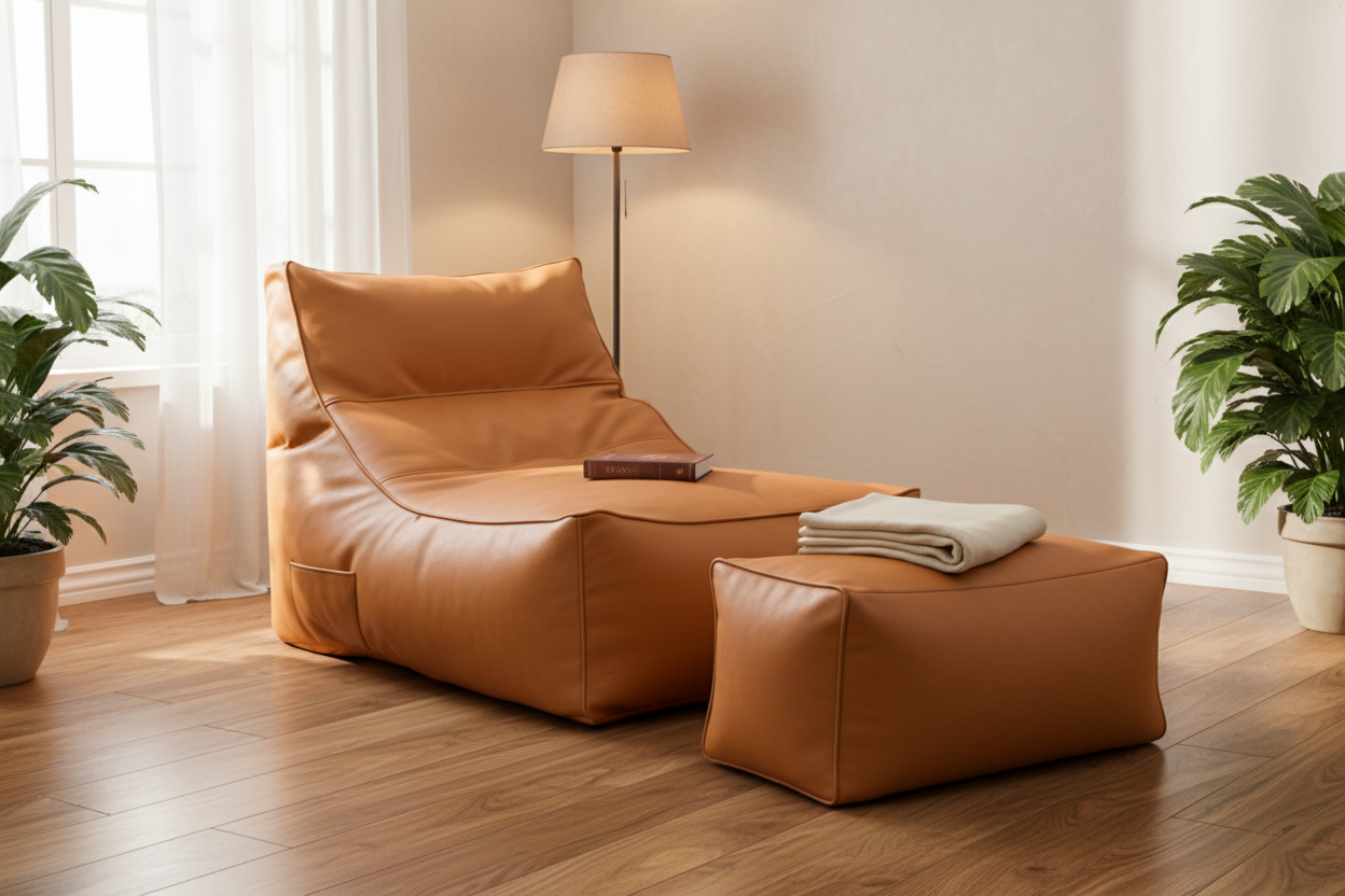 Living Room, Bedroom & Home Décor – Comfortable Oversized Recliner Bean Bag Sofa with Piping Detail & Matching Footstool