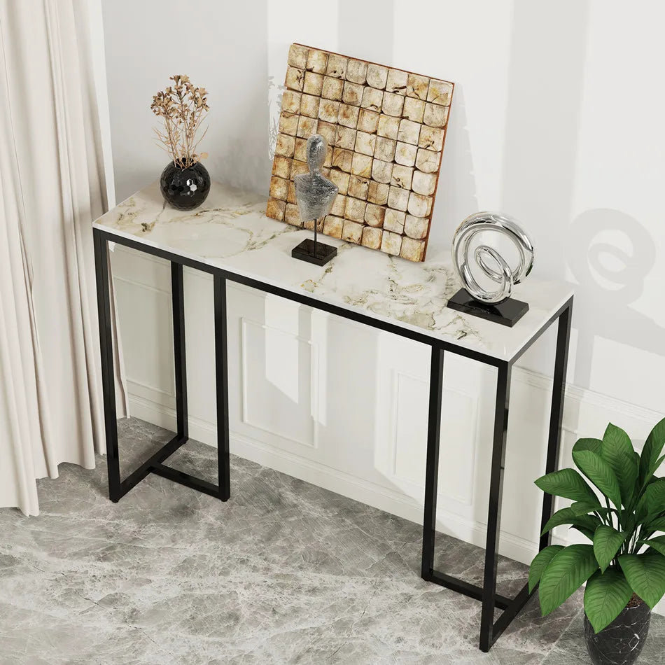 Modern White Marble Console Table with Black Metal Legs