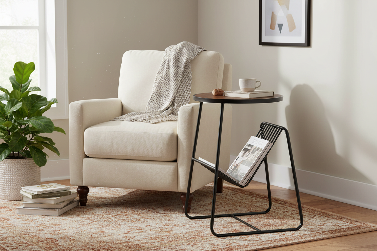 Elevate your living space with the Ferro Round Side Table — finish wood and a sleek matte black metal frame.