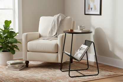 Elevate your living space with the Ferro Round Side Table — finish wood and a sleek matte black metal frame.