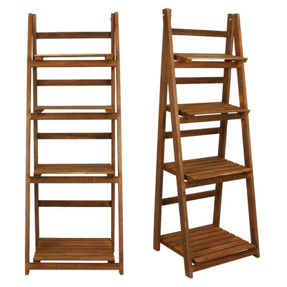 4-Tier Wooden Ladder Shelf - Folding Book & Plant Stand