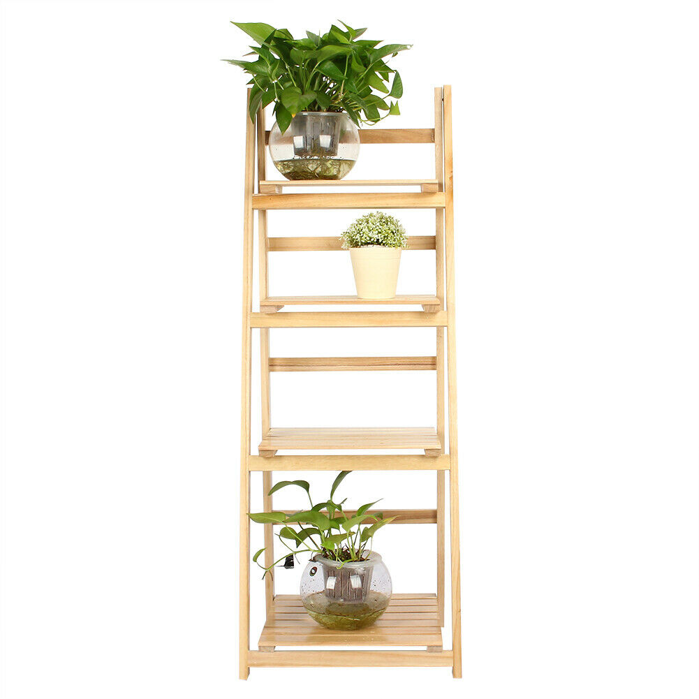 4-Tier Wooden Ladder Shelf - Folding Book & Plant Stand