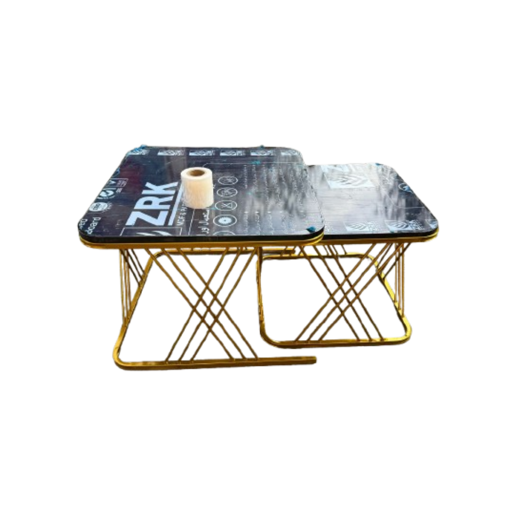 Modern Nest of 2 Square Coffee Table with Gold Metal Frame Legs and Marble Pattern Black Top for Living Room Home