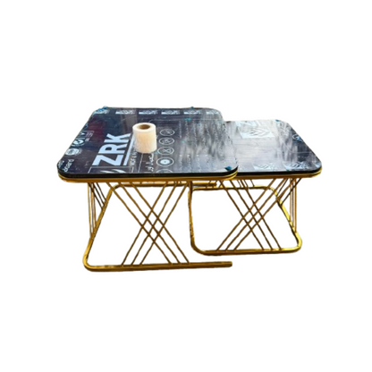 Modern Nest of 2 Square Coffee Table with Gold Metal Frame Legs and Marble Pattern Black Top for Living Room Home