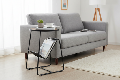 Elevate your living space with the Ferro Round Side Table — finish wood and a sleek matte black metal frame.