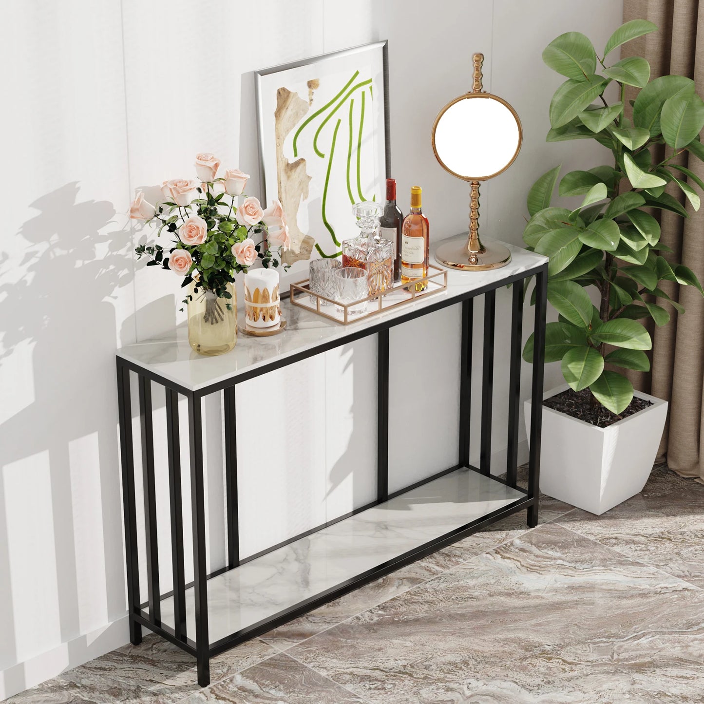 2-Tier White Marble Console Table - Extra Long with Open Shelf