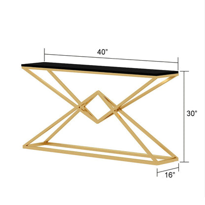 Modern Diamond Console Table Rectangle Shape with Marble Sheet and Metal Frame Gold Finish
