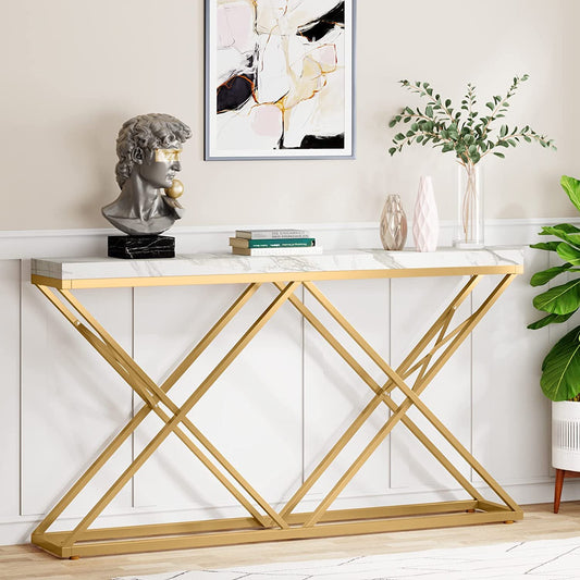 White Narrow Sofa Table Behind Couch, Wood Entryway Console Table with Metal Leg coffee Table X Model console